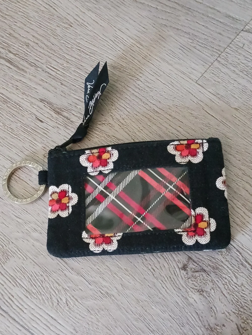 Vera Bradley Retired Pirouette Black Floral Card Wallet with Red Plaid Interior